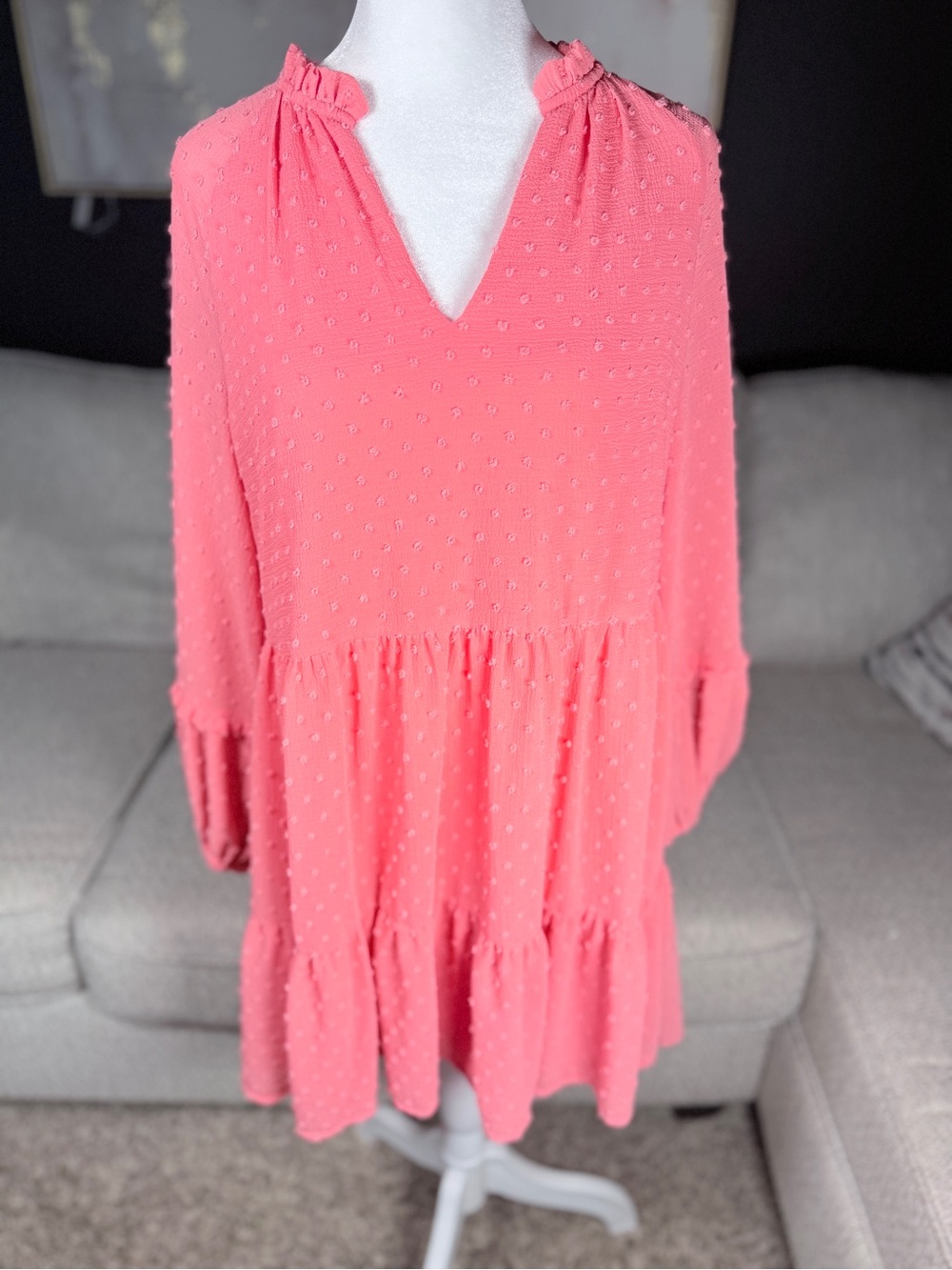 CeCe Coral Tiered Swiss Dot V-Neck Dress